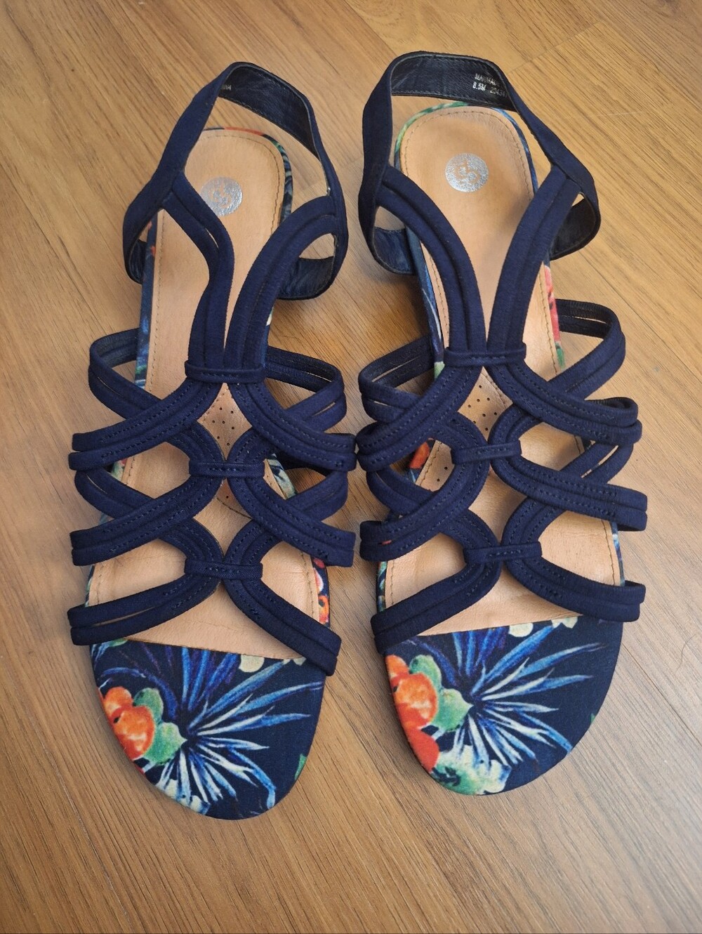 Navy And Floral Strappy Wedge Sandals